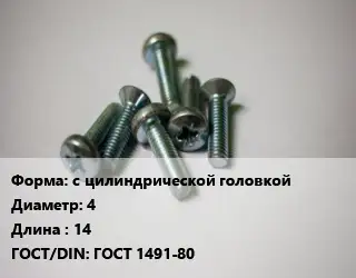 Винт с цилиндрической головкой 4х14 ГОСТ 1491-80